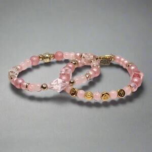 Vintage Inspired Pink Glass Handmade Bracelet Set Eclectic Design Affirmation